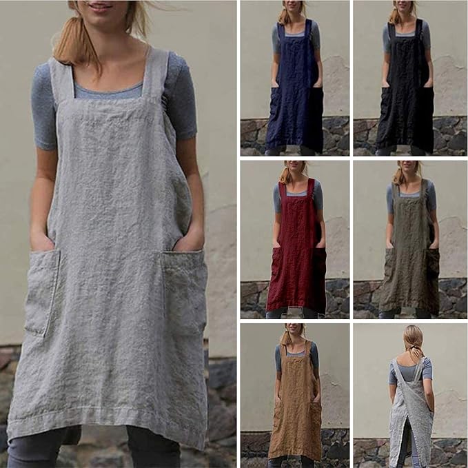 YESDOOD Apron for Womens Cotton Linen Apron Cross Back with Pockets Pinafore Dress for Cooking