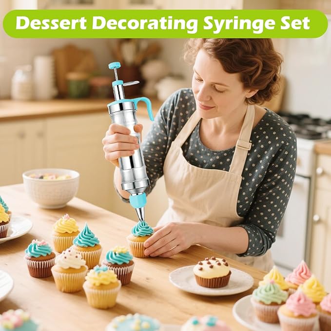 Suuker Dessert Decorating Syringe Set, Frosting Piping Kit Stainless Steels Cake Decorating Tools with 54 Piping Tips, 9 Silicone Baking Cups, Cupcake Decorating Kit