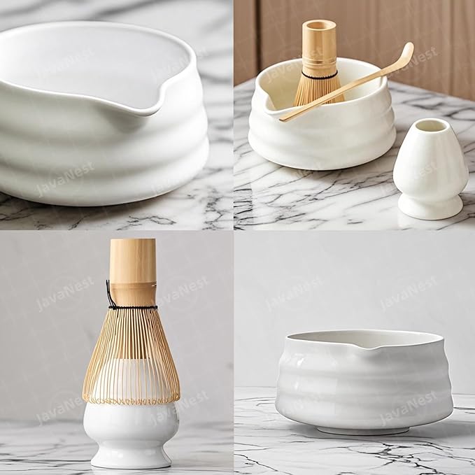 7-Piece Matcha Tea Set with Gift Card – 120-Prong Bamboo Whisk, Ceramic Bowl with Spout, Whisk Holder, Scoop, Spoon, Strainer & Scoop Holder – Ideal Gift for Matcha Lovers (White, 100-Prong)