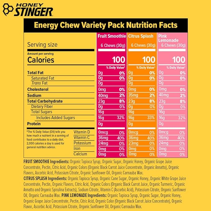 Honey Stinger Organic Energy Chew Variety Pack, 4 Pack Each of Fruit Smoothie, Citrus Splash and Pink Lemonade, Gluten Free & Caffeine Free, Energy Chews for Exercise, Endurance and Performance