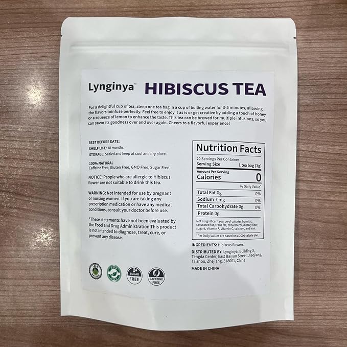 Lynginya Hibiscus Tea, 20 Tea Bags - Premium Hibiscus Leaves - Natural Herbal Tea - Sweet and Sour - No Sugar & No Caffeine