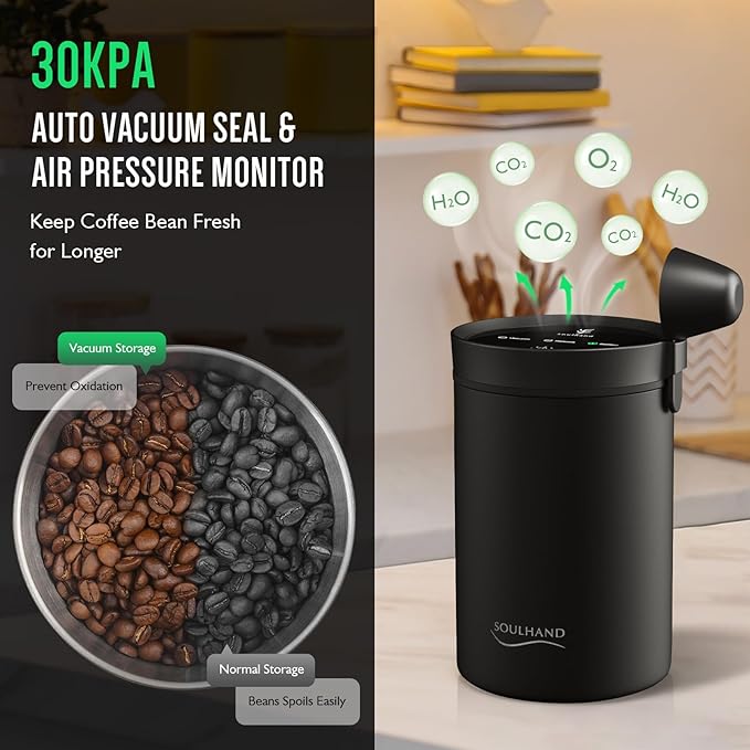 SOUL HAND Vacuum Coffee Canister, Airtight Sealed Coffee Canister Automatic Vacuum Stainless Steel Coffee Containers, Coffee Bean Storage Container for Coffee/Food Storage 1.6 L