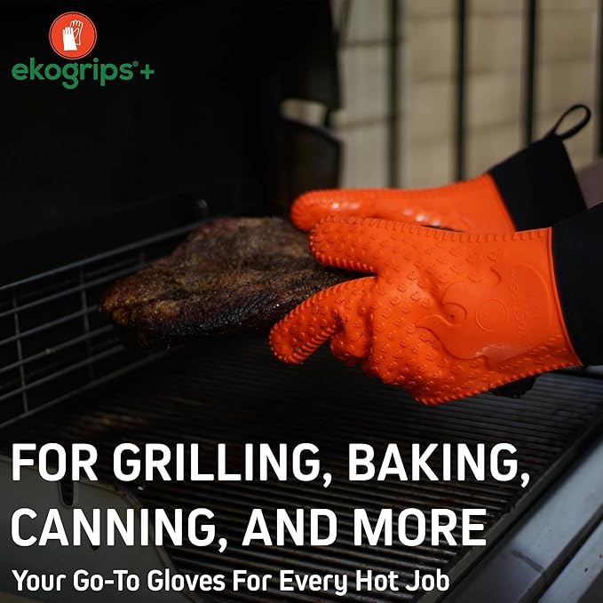 Ekogrips+ Premium Silicone Oven Mitts - Comfy, Waterproof, Heat Resistant BBQ Gloves for Grilling, Long Cuff for Added Protection, 5 Finger Dexterity, 3 Sizes, 4 Colors, S/M, Red