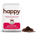 happy coffee medium roast ground coffee, 12 oz., notes of berries & optimism, recyclable container, grown & harvested in Brazil & Colombia, raíz sustainability verified