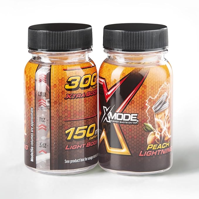 XMODE Energy Shots on Tap (Peach Lightning Flavor) – 100 Serving Dispenser with Refillable Bottles for On-Demand Energy at 150mg Caffeine Per Oz