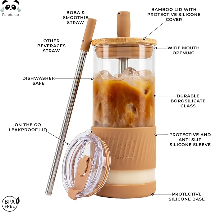 Pandaloo® Glass Cups With Lids and Straws -20 Fl Oz- Perfect Size Iced Coffee Cup - Smoothie Cup With Bamboo Lid and On the go Lid - Glass Tumbler (2 Count (Pack of 1), Amber Sand-Coton White)