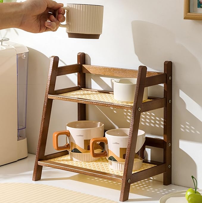 KISKIS Cup Mug Holder Wooden & bamboo look, Non-Slip Coffee Cup Rack Organizer, Bathroom Stand Storage Shelf with 2 Tier, Kitchen Countertop Spice Rack