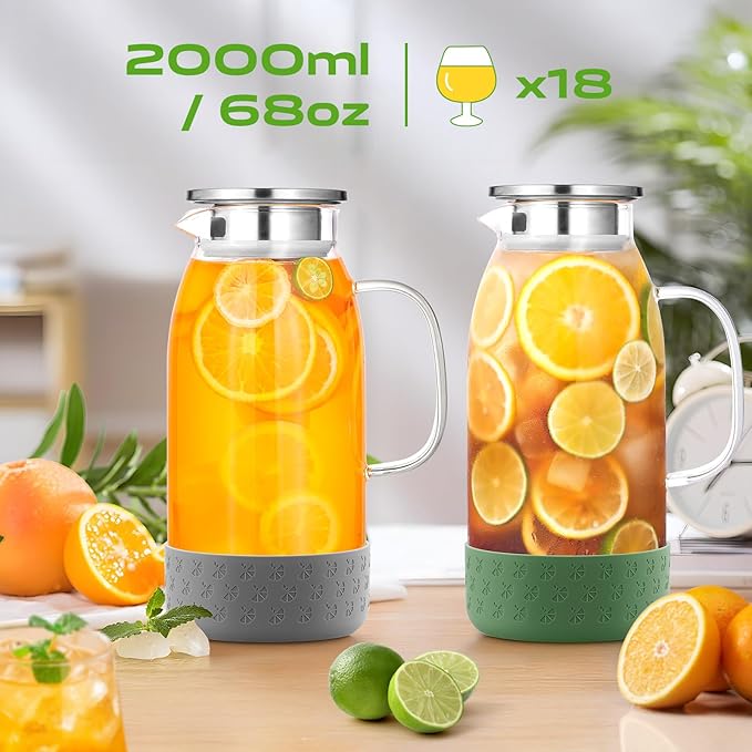 Glass Pitcher with Lid, ZBUFAN 68oz/2 Liter Glass Water Pitcher with Handle and Lid, Anti-Slip Base Juice Jug for Ice Tea, Sun Tea, Sangria, Lemonade Fridge Pitchers for Drinks Gray