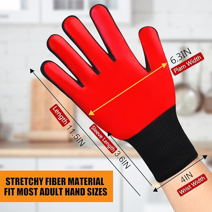BBQ Gloves, Oven Gloves, 1472°F Extreme Heat Resistant Barbecue Gloves, Silicone Non-Slip Oven Mitts, Kitchen Gloves for Cooking, Grilling, and Baking (Red)