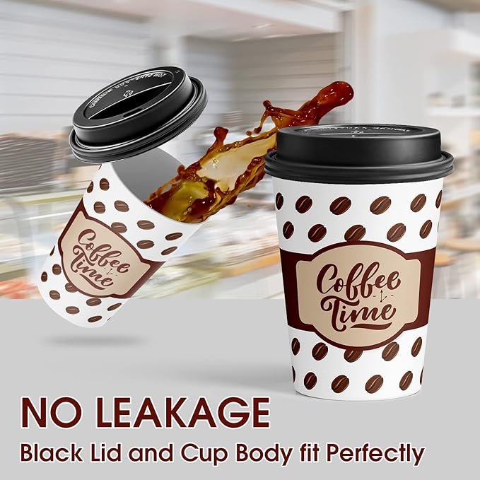 Ginkgo Coffee Cups with Lids 12 oz, 100 Pack Disposable To Go Coffee Cups for Cappuccino, Hot Beverages, Coffee, Cocoa, Chocolate - Coffee Time