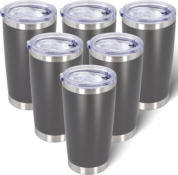 20oz Tumbler Bulk Stainless Steel Tumblers with Lid Vacuum Insulated Double Wall Travel Coffee Mug Powder Coated Tumbler Cup for Hot and Cold Drinks(Grey, 6 pack)