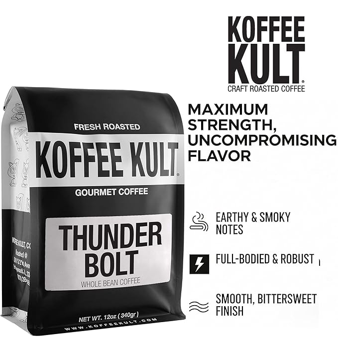 Koffee Kult Thunder Bolt - Whole Bean Coffee, Dark French Roast, 100% Arabica, Robust Blend, Bold Strong Artisan Flavor, 12oz Resealable Package