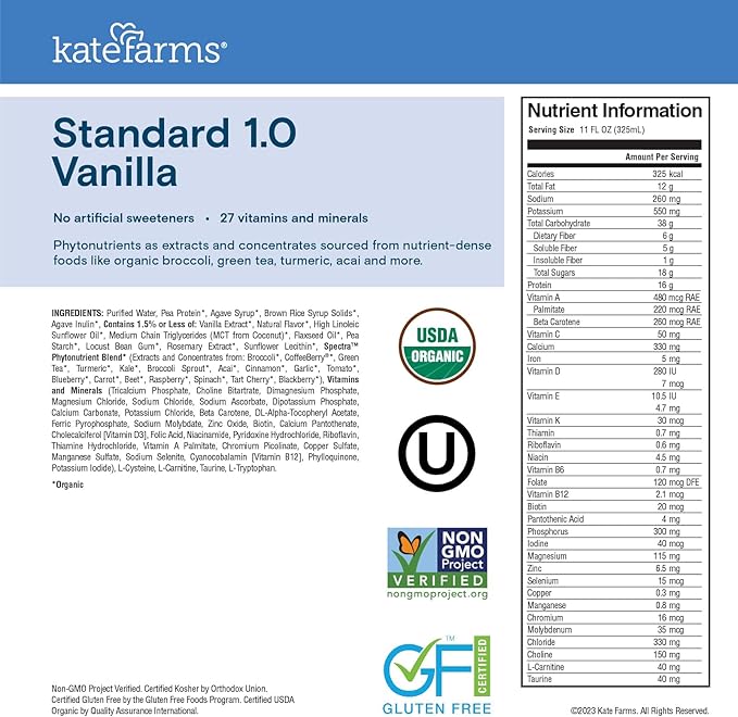 KATE FARMS Organic 1.0 Sole-Source Nutrition Shake, Vanilla, 16g Protein, 27 Vitamins and Minerals, Meal Replacement, Protein Shake, 11 oz (12 Pack)
