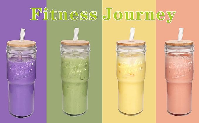 ANOTION Glass Cups with Lids and Straws 4 Packs, 24oz Travel Coffee Mug Bamboo Mason Jar Valentines Party Drinking Jars Glasses Cute Clear Glass Tumbler for Iced Coffee, Smoothie, Tea, Water