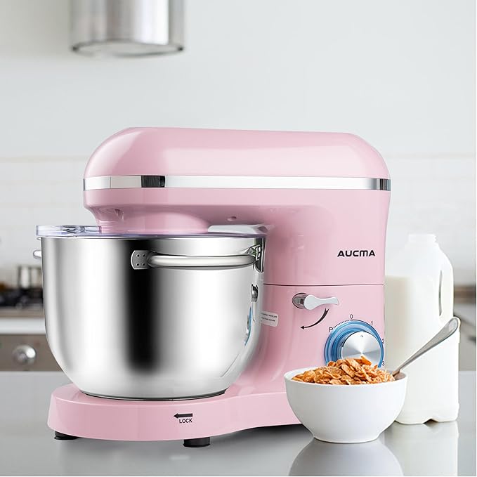 Aucma Stand Mixer,6.5-QT 660W 6-Speed Tilt-Head Food Mixer, Kitchen Electric Mixer with Dough Hook, Wire Whip & Beater (6.5QT, Pink)