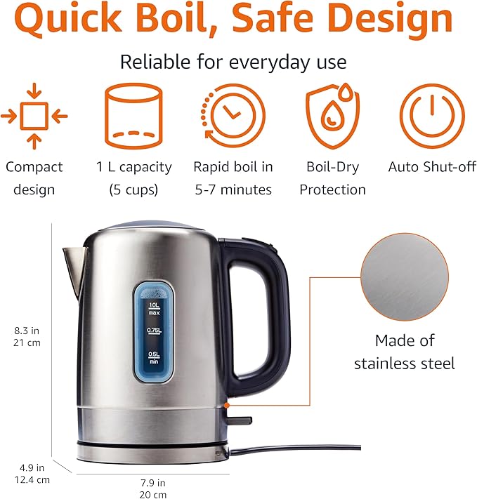 Amazon Basics Electric Stainless Steel Kettle for Tea and Coffee, BPA-Free, Fast Boiling, Auto Shut-Off, 1.1 Quarts, 1500W, Black and Silver
