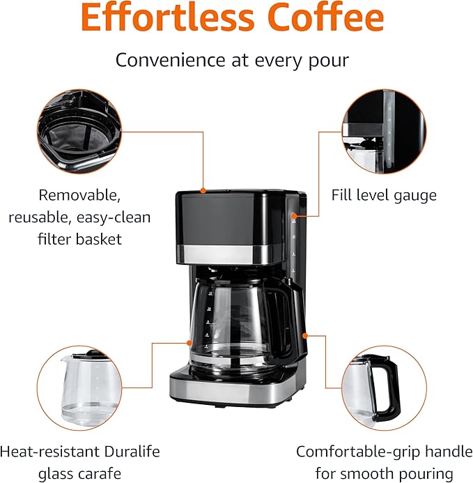 Amazon Basics 12 Cup Drip Coffee Maker, Coffee Machine with Glass Coffee Pot (1.9 Qt), Auto Shut-off, Auto Pause, Removable Filter Basket, Black & Silver