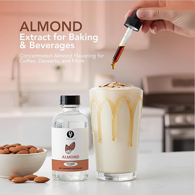 Dolce Flav Natural Almond Extract – 2 Ounce Water-Soluble Kosher, Sugar-Free, Concentrated Pure Almond Flavoring for Baking, Pastries & Beverages, Includes Measured Dropper