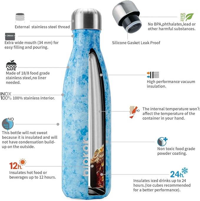 BJPKPK 17oz Insulated Stainless Steel Water Bottles,Sports Water Bottles Keep Cold 24 Hours and Hot 12 Hours,Ice Blue