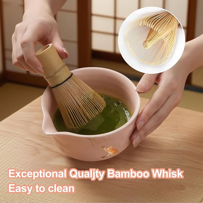 Matcha Whisk Set, 7PCS Matcha Set Includes Ceramic Matcha Set Includes Matcha Bowl, Matcha Whisk and Holder, Bamboo Scoop, Scoop Rest, Sifter and Tea Towel, Gift Bag (Pink)