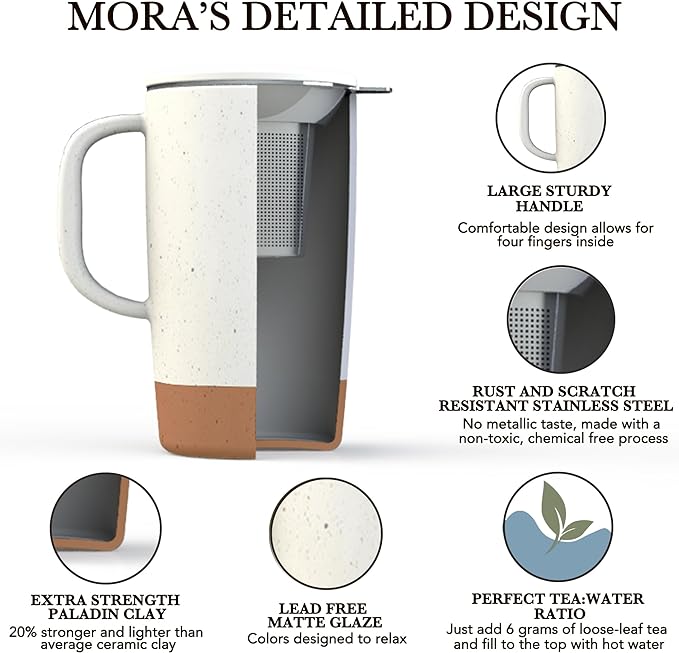 Mora Ceramics Large Tea Mug with Loose Leaf Infuser and Ceramic Lid, 18 oz, Portable, Microwave and Dishwasher Safe, Tall Coffee Cup - Rustic Matte Ceramic Glaze, Modern Herbal Tea Strainer, Cotton