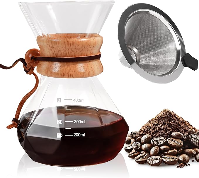 Pour Over Coffee Maker 400ml with 304 Stainless Steel Filter and Wooden Collar Holder Borosilicate Glass Drip Coffeemaker Server Set Clear Hand Brew Dripper Carafe for Home Camping Travel 13.5oz