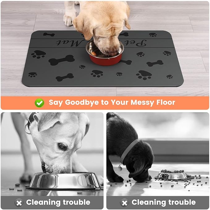 Pet Feeding Mat-Absorbent Pet Placemat for Food and Water Bowl, with Waterproof Rubber Backing, Quick Dry Water Dispenser Mat for Dog and Cat (12"x20", Bones)