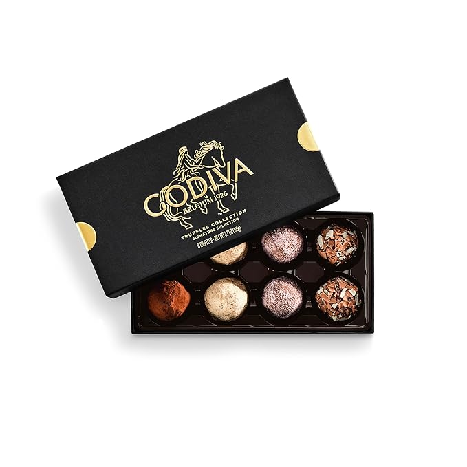 Godiva Signature Truffle Gift Box, Belgian Dark and Milk Chocolates with Ganache Center, Gourmet Gift for Birthdays, Holidays, Non-GMO & Kosher, 8 Pc