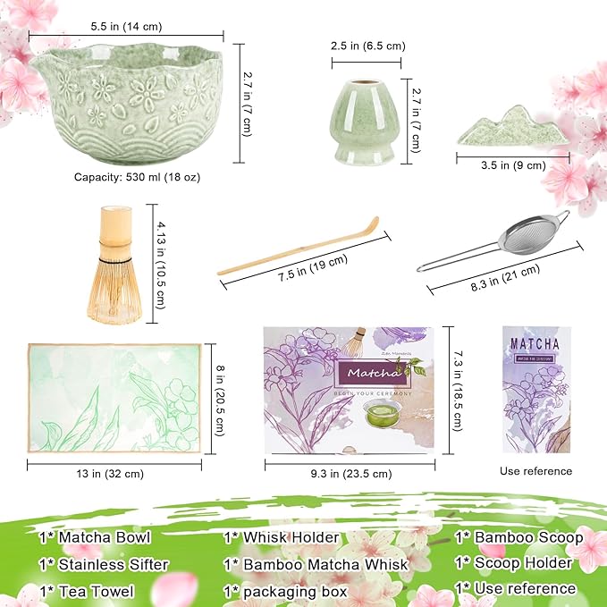 Matcha Whisk Set, Matcha Set 7 Pieces - Ceramic Matcha Bowl with Spout, Bamboo Chasen Whisk & Holder, Scoop, Sifter, Tea Towel - Complete Kit for Matcha Tea Ceremony, Latte, Ideal Gift(Mottled Green)