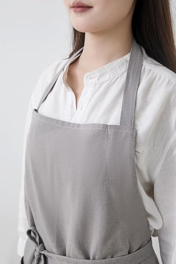 Cotton Linen Apron for Women - Adjustable Casual Apron with Pocktes, Great for Florist, Coffee House and Kitchen