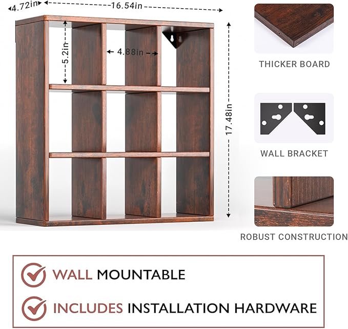 Helsin 9 Grid Vintage Coffee Mug Display Rack, 16inch Wall Mounted Wooden Curio Shadow Box Shelf, Cup Floating Shelves Display and Organizer (Bronze)