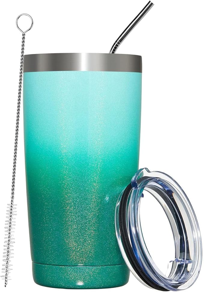 MEWAY 20oz Tumbler Double Wall Vacuum Insulated Travel Glitter Mug,Stainless Steel Tumblers with Lid and Straw, Powder Coated Coffee Cups for Woman (Gradient Green,1)