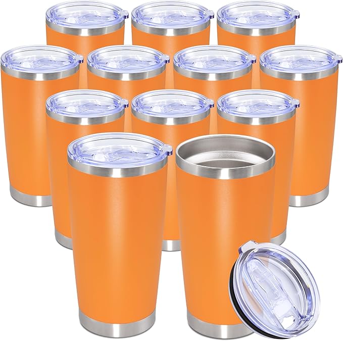 20oz Tumbler Bulk Stainless Steel Tumbler Cup with Lid Vacuum Insulated Double Wall Travel Mug, Durable Powder Coated Travel Coffee Tumbler Mug for Hot & Cold Drinks, Orange,12 Pack