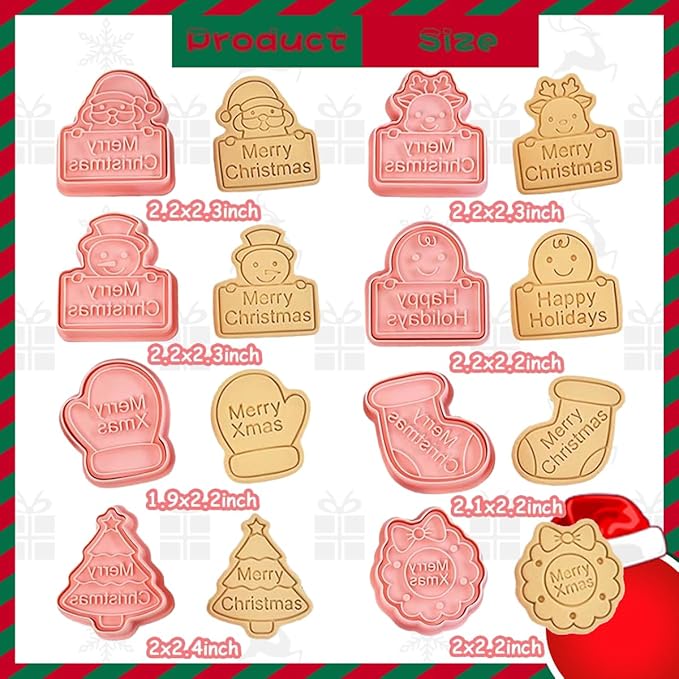 8 Piece Christmas Cookie Cutters, 3d Raised Design Gingerbread Cookie Stamps, Cookie Cutter Set suitable for Frosting Decoration, Mini Pie Molds, Apple Pie Pastry Biscuit Cutter (Christmas-F)