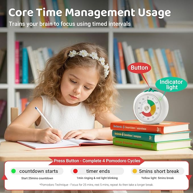 Visual Timer for Kids & Adults – 4-Color Zone Countdown Timer, 60-Min Silent Pomodoro Timer for ADHD Focus, Study, Cooking & Time Management Tool