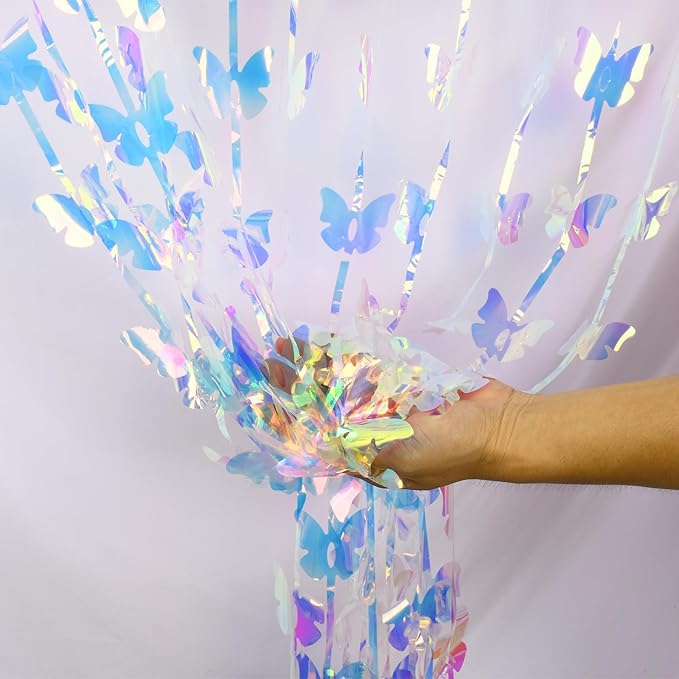 BRAVESHINE Iridescent Hanging Butterfly Foil Fringe Curtain - 2 Pack 3.2x6.6ft Holographic Party Streamers Backdrop for Baby/Bridal Shower/Mermaid/Frozen/Fairy/Princess/Butterfly Birthdays Decorations