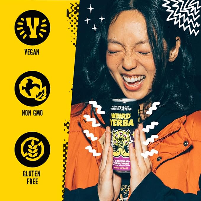Drink Weird Organic Acai Pomegranate Yerba Mate – 16oz Cans, 160mg Organic Caffeine, Pack of 12 – Antioxidant-Rich Energy Drink Alternative
