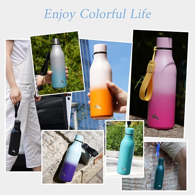 Insulated Water Bottle with Strap,18 oz Double Wall Stainless Steel Vacuum Bottles Metal Water Flask,Gray