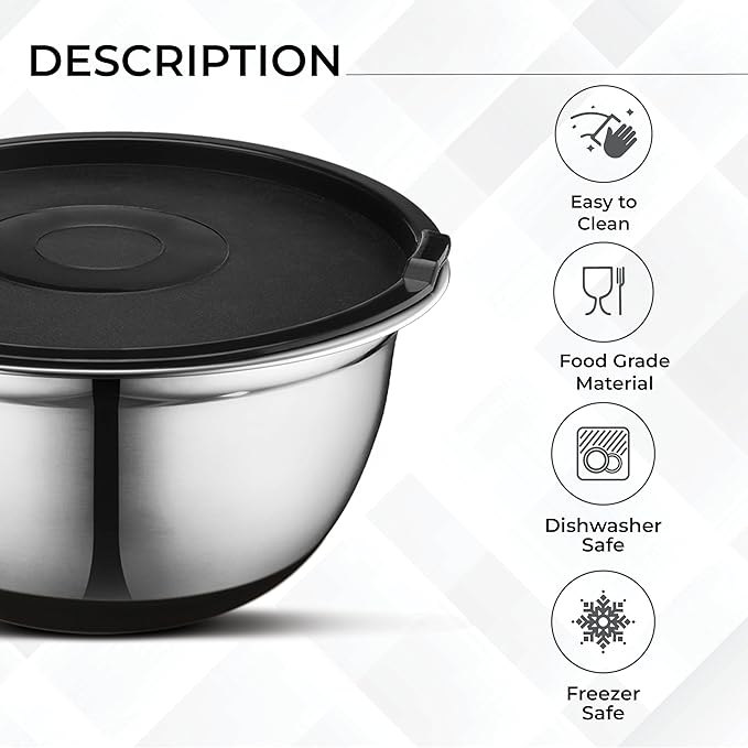 AVADOR Premium Stainless Steel Mixing Bowls Sets Brushed Stainless Steel Mixing Bowl Set, Easy To Clean, Space Saving, Great for Cooking, Baking, Prepping Needs (9 pc Anti Slip with Lid and Graters)
