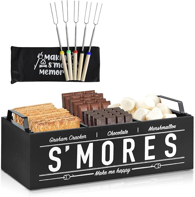 S'Mores Station, Farmhouse Smores Caddy with Handles, Smores Kit for Fire Pit Smores Maker Box, Smores Bar Station with 5Pcs Extendable Marshmallow Roasting Sticks, Camping Essentials Gear Accessories