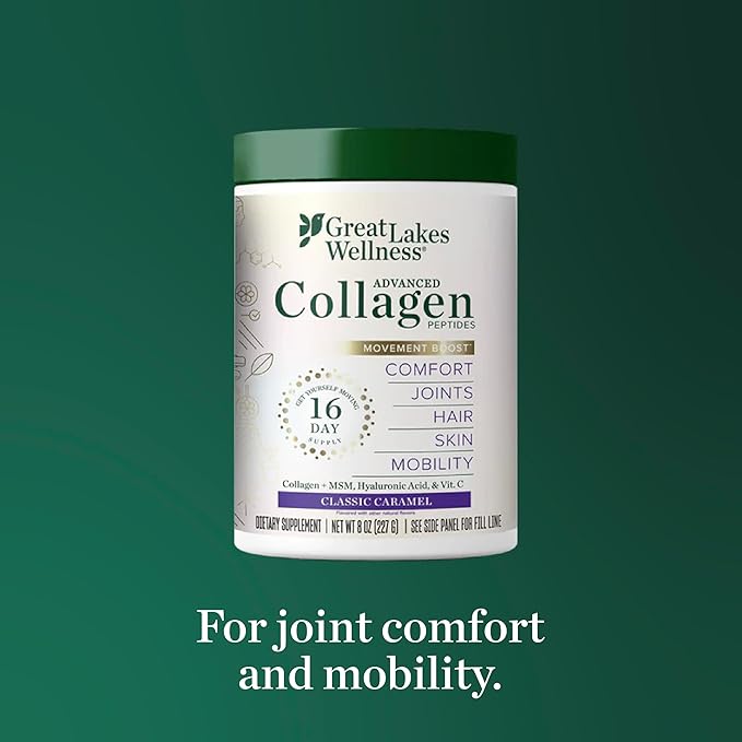 Great Lakes Wellness Movement Boost Advanced Collagen Peptides Powder with MSM, Hyaluronic Acid, Vitamin C - Joint Mobility & Comfort - Caramel Flavored - Non-GMO, Keto, Kosher - 8 oz