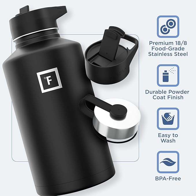 IRON °FLASK Camping & Hiking Hydration Flask with 3 Lids - Stainless Steel, Double Walled & Vacuum Insulated Water Bottle - Leak Proof & BPA Free (Graphite, Straw - 64 oz)