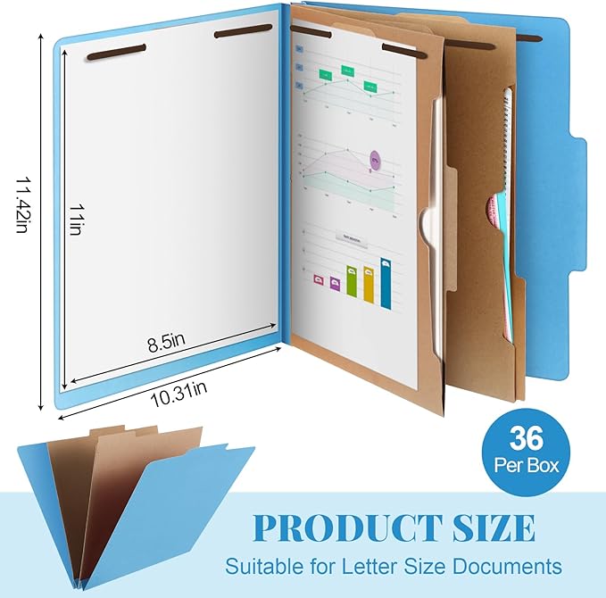 36 Pcs Classification Folders Letter Size, Back to School Supply for Teacher, Student, 2 Pocket Dividers Pressboard File Folder Bulk with 2 Fasteners, 2 in Expanding File Organizer (Blue)