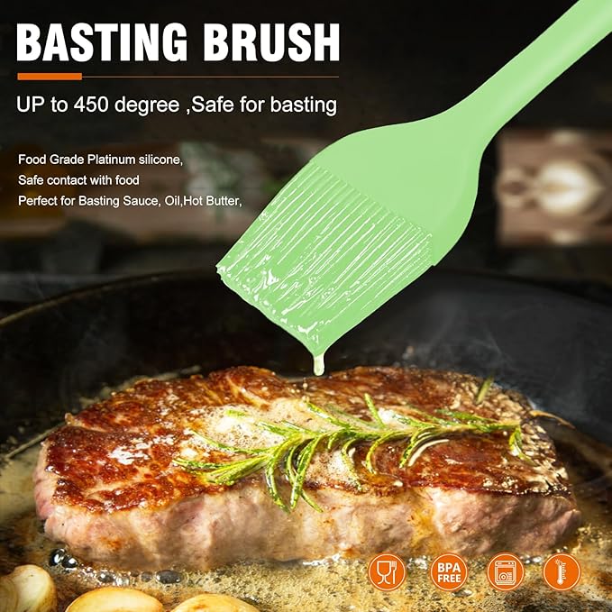 Walfos Basting Brushes Silicone, Heat Resistant Pastry Brushes for Kitchen Cooking, Oil, BBQ Grill, One-Pieces Design,BPA Free and Dishwasher Safe, 2 Pcs (Lime Green)