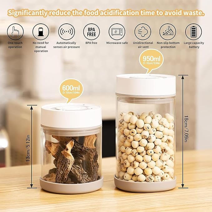 Minidiva Smart Vacuum Container, Automatic Electric Airtight Glass Jar for Food Coffee Storage Meal Prep (White-1350ml-1)