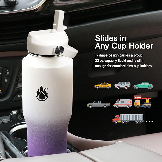 SENDESTAR 32oz Water Bottle Wide Mouth Stainless Steel Vacuum Insulated Double Wall with 2 Straw Lids Fit in Any Car Cup Holder TXIN-32-WV-1