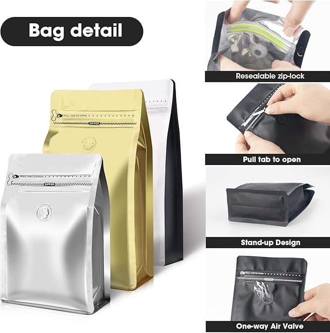Coffee Bags with Valve(60pcs,8 oz,1/2 lb) Vented Coffee Beans Packaging Bags High Barrier Aluminumed Foil Flat Bottom Heat Sealed Side Zipper Resealable Storage Bag for Home or Business (White+Gray）