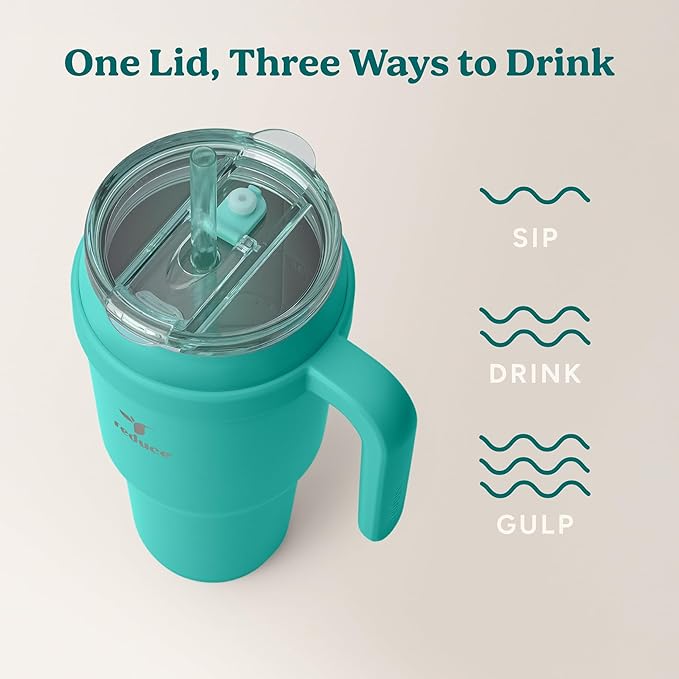 Reduce 40 oz Stainless Steel Tumbler with Handle - Dual-Wall Vacuum Insulated Travel Mug, Sweat-Proof Lid & Reusable Straw - Keeps Drinks Cold for 24 Hrs, Fits Cupholders, Dishwasher Safe-Ocean Breeze