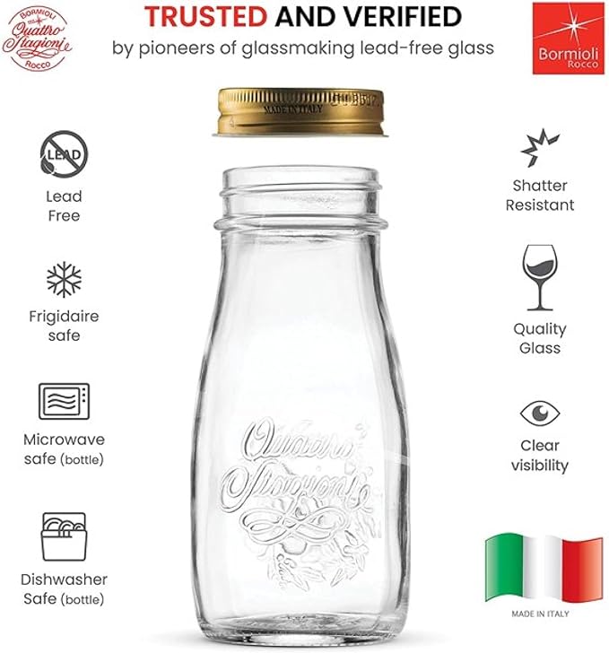 Bormioli Rocco Quattro Stagioni Bottles, Set of 6-13.5 Oz. Clear Glass with Twist Lids for Food Preserving, Beverage Serving, Homemade Gifts, Sauces & Infused Drinks - Airtight, Made in Italy
