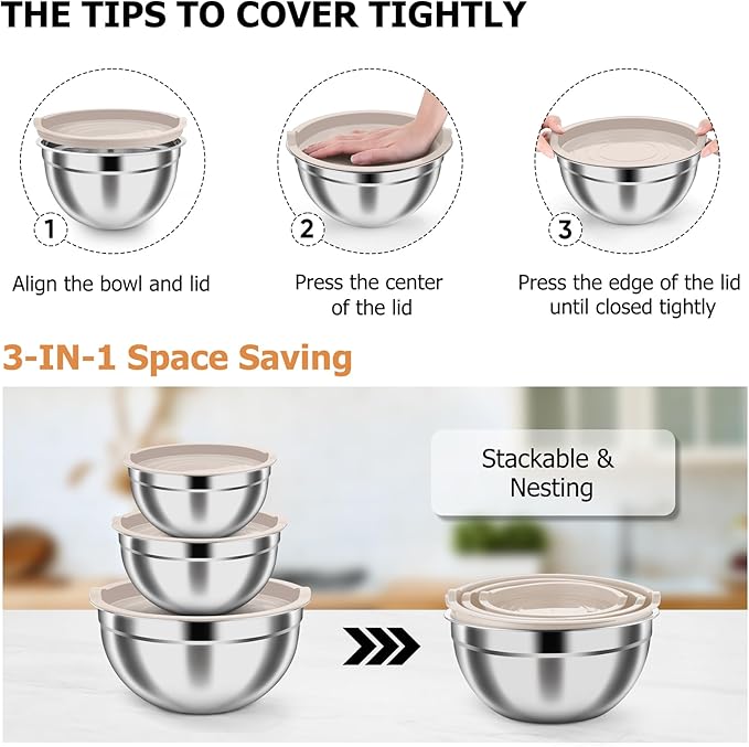 TeamFar Mixing Bowls, Stainless Steel Nesting Salad Bowls with Airtight Lids Set, For Serving/Mixing/Storing, Rust-proof & Heavy Duty, Dishwasher Safe, Set of 3-4.6/3 / 1.5 QT, Khaki